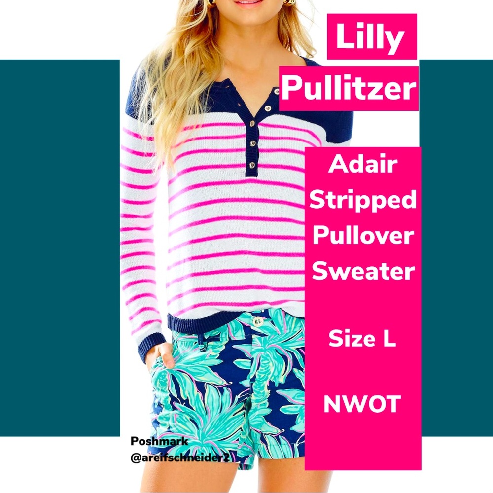 🥰 NWOT Lilly Pulitzer Adair Pullover Sweater in Beach Getaway Stripe Size L 😍